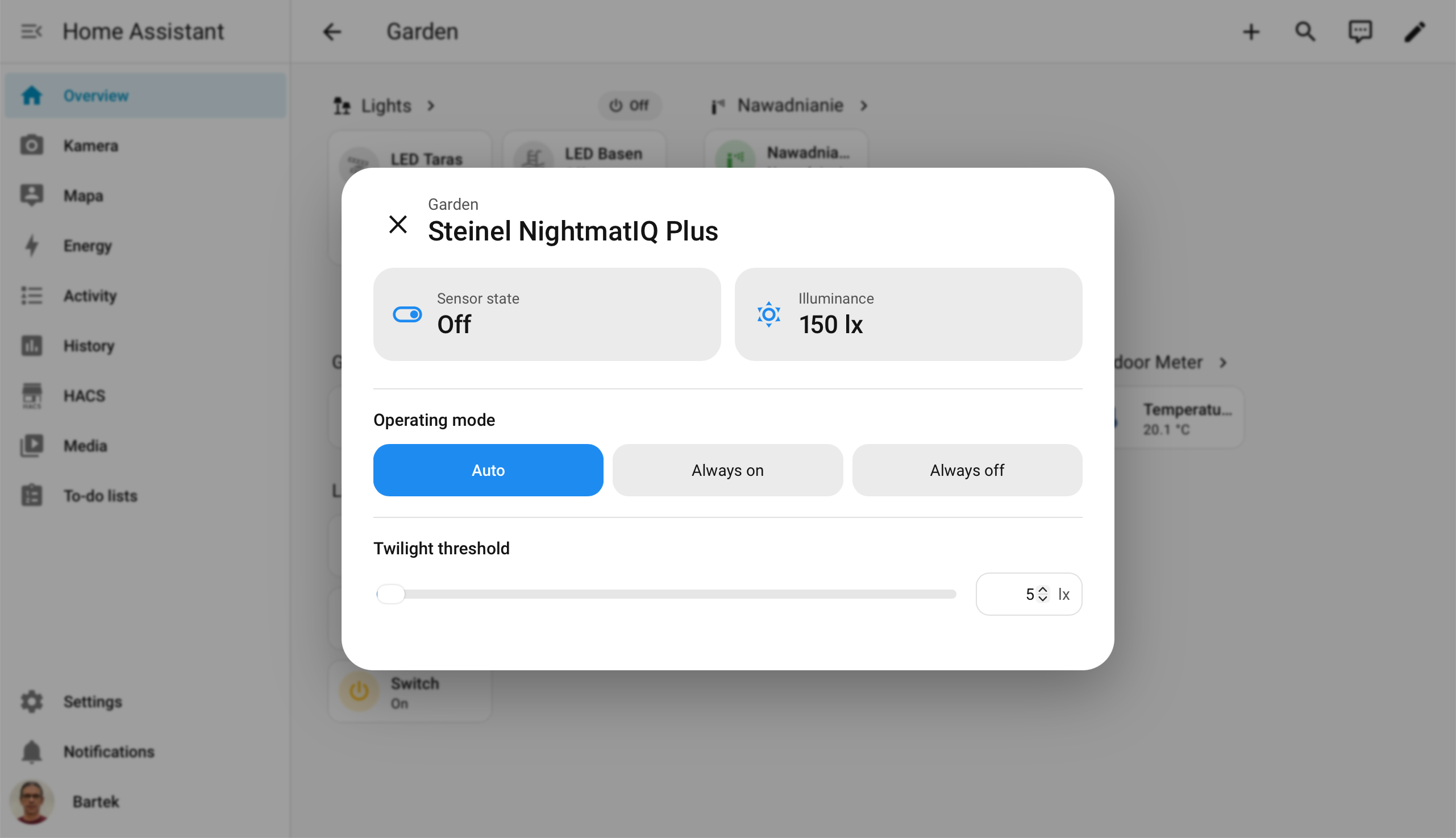 NightmatIQ control dialog in Home Assistant